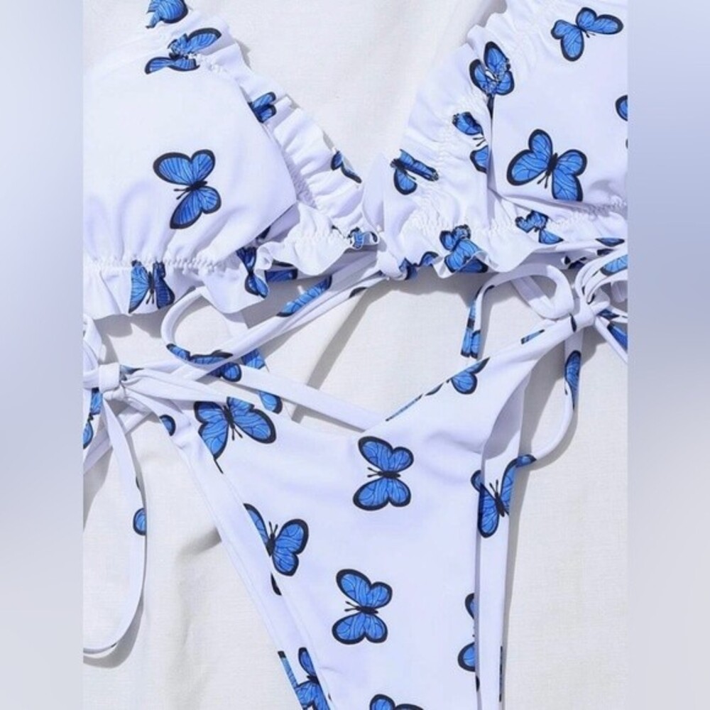 White And Blue Butterfly Print Tie Halter Bikini Size Large Brand New - Picture 5 of 5